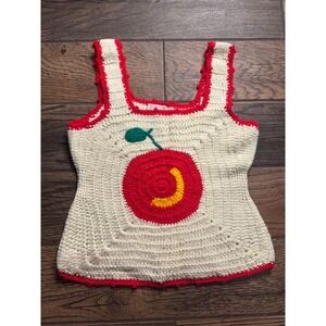 Vintage Crocheted Apple Tank Top Cream Red Yellow Fruit Graphic Size‎ M
